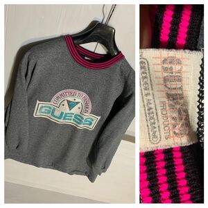 80's ～90's ヴィンテージ GUESS ゲス　USA製デカロゴ ポリ綿　スウェット　トレーナー カットソー　ONE SIZE FITS ALL 胡麻塩グレー