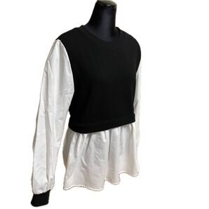 カットソー切替ブラウス 白 黒 長袖 Lサイズ