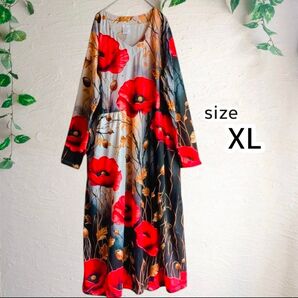 華やかなポピー柄が目を惹くリラックス感のあるロングワンピースです♪ ゆったりサイズXL 体型カバー 個性的 Vネック 薄手