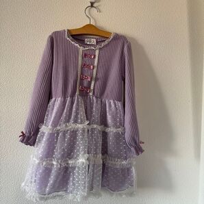 ワンピース ドレス 紫 パープル ドット レース リボン 女の子