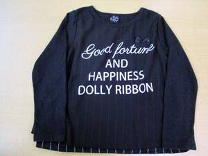 ☆1569【送料無料】Dolly Ribbon ドーリーリボン キッズ 長袖 カットソー Tシャツ 120 ブラック ストライプ シフォン重ね リボン プリント