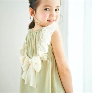 アプレレクール 後ろリボン ワンピース 130 ライトグリーン キッズ ドレス フリル リボン ノースリーブ 発表会 結婚式