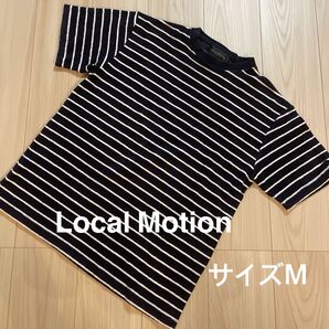 *Local Motion :サイズM:タオル生地のネイビー色のボーダー柄の半袖Tシャツ*