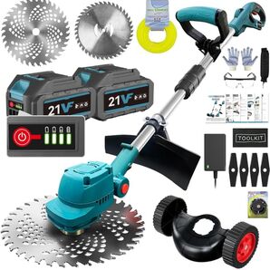 充電式草刈り機21V 刈刃径255mmと205mm 残量表示 PSE認証済4000mAhバッテリー2個 マキタ互換 日本語説明書