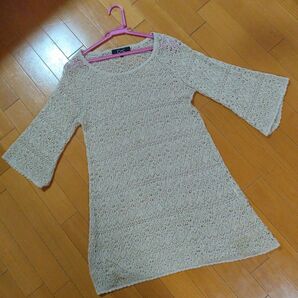 C&C 透かし編みニットチュニック ベージュ系 ベルスリーブ