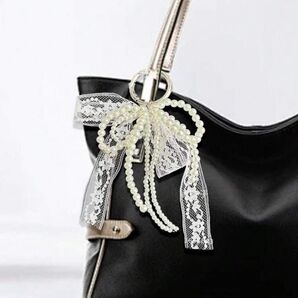 【キーチェーン】リボン パール じゃらじゃらキーホルダー