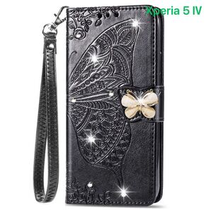 Xperia 5 Ⅳ ケース SO-54C SOG09 手帳型 バタフライビジュー ストラップ付き 黒