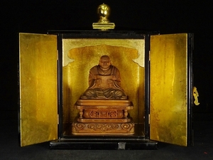10■木彫 日蓮聖人像 厨子 日華 奉開眼 仏像 彫刻 参籠之飾り 昭和31年 仏教美術