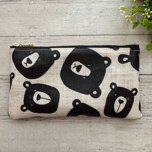 仕切り付きポーチ 仕分けポーチ ラミネート ハンドメイド くま くまのかお 生成り