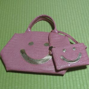 未使用 cache cache スマイル ニコちゃん トートバッグ ポーチ 2点セット ピンク クロコ型押し