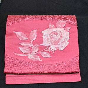 名古屋帯 ピンク 薔薇 化繊