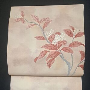 名古屋帯 花柄 ベージュ系 正絹