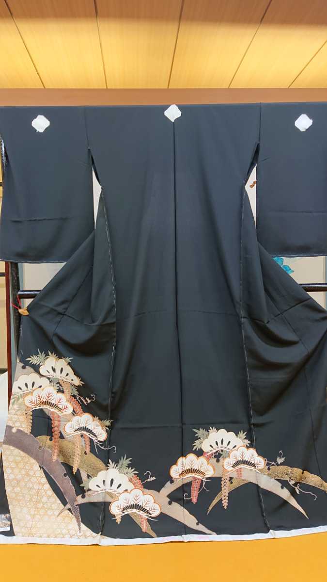 New black tomesode 3 Kasamatsu Tsuyoshiba pattern hand-painted black tomesode hand-painted Kyo Yuzen crepe unused untailored 100% pure silk rental tapestry old cloth, fashion, women's kimono, kimono, Tomesode