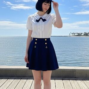 ARROW アロー 襟刺繍 パフスリーブ 半袖 マリン リボン ブラウス