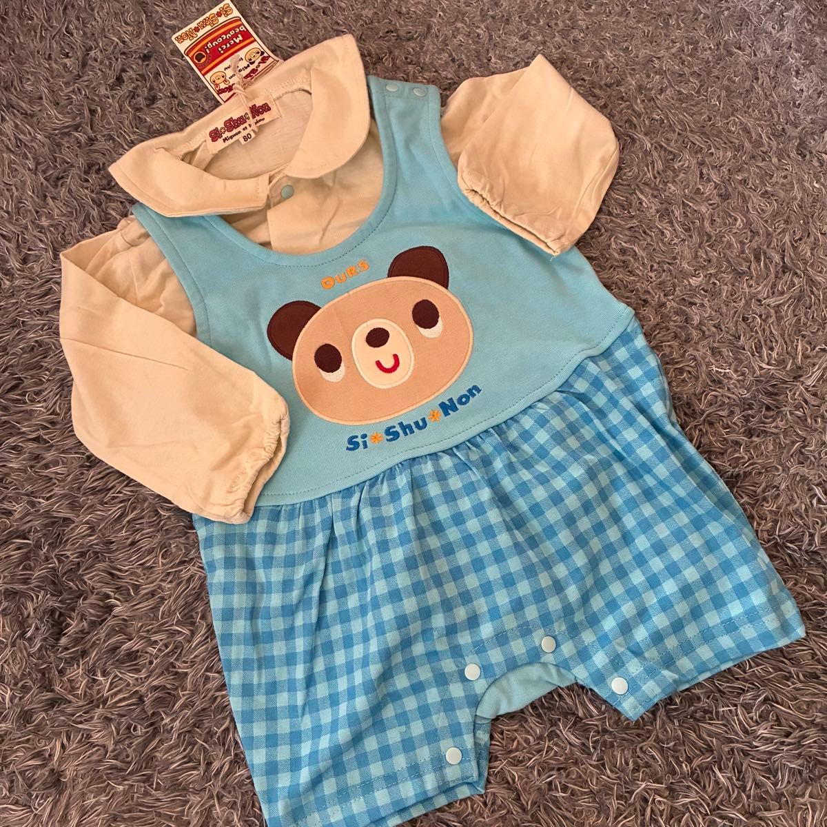 Si Shu Non ロンパース カバーオール ベビー服 くま ギンガムチェック 80