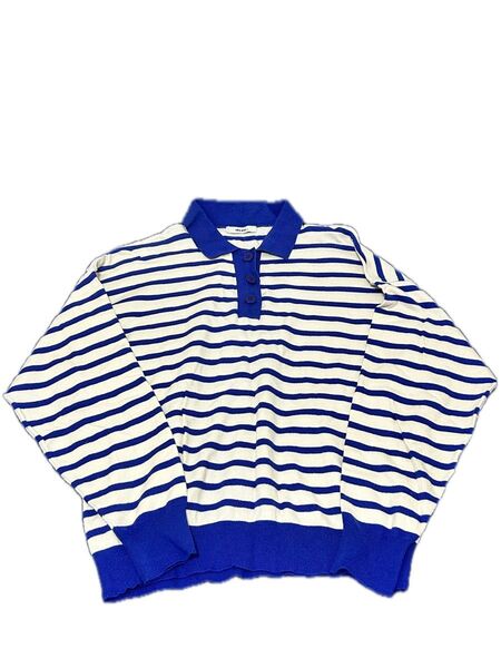 ボーダーニット ポロシャツ風 長袖 トップス ブルー ホワイト