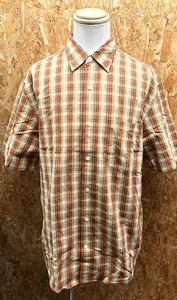 Timberland ティンバーランド L メンズ シャツ マドラスチェック ロゴ刺繍 胸ポケット 半袖 レギュラーカラー 綿100% 赤茶系×黄×白×紺