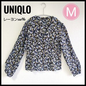 UNIQLO ユニクロ Vネック 長袖 ブラウス 黒地×小花柄 М レーヨン100% 切替デザイン