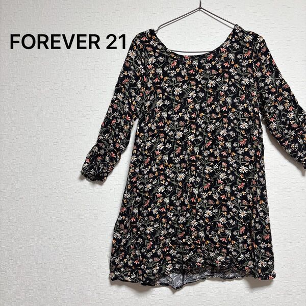 【M】 FOREVER 21 花柄 長袖 チュニック 黒 ブラック 体型カバー ワンピース 古着