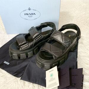 1円~ 【付属品完備】 PRADA プラダ モノリス ナッパレザー サンダル サイズ39 ロゴ ブラック 黒 厚底サンダル アンクル シューズ 正規品