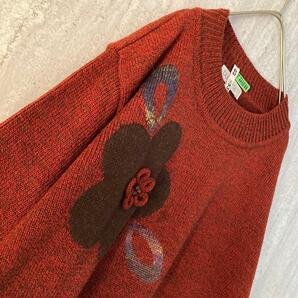 ヴィンテージ ニット お花 昭和レトロ ガーリー くすみレッド レンガ