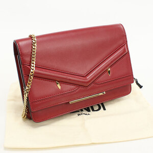 中古良品 FENDI フェンディ チェーンウォレット 8M0346 バグズアイ レディース レッド