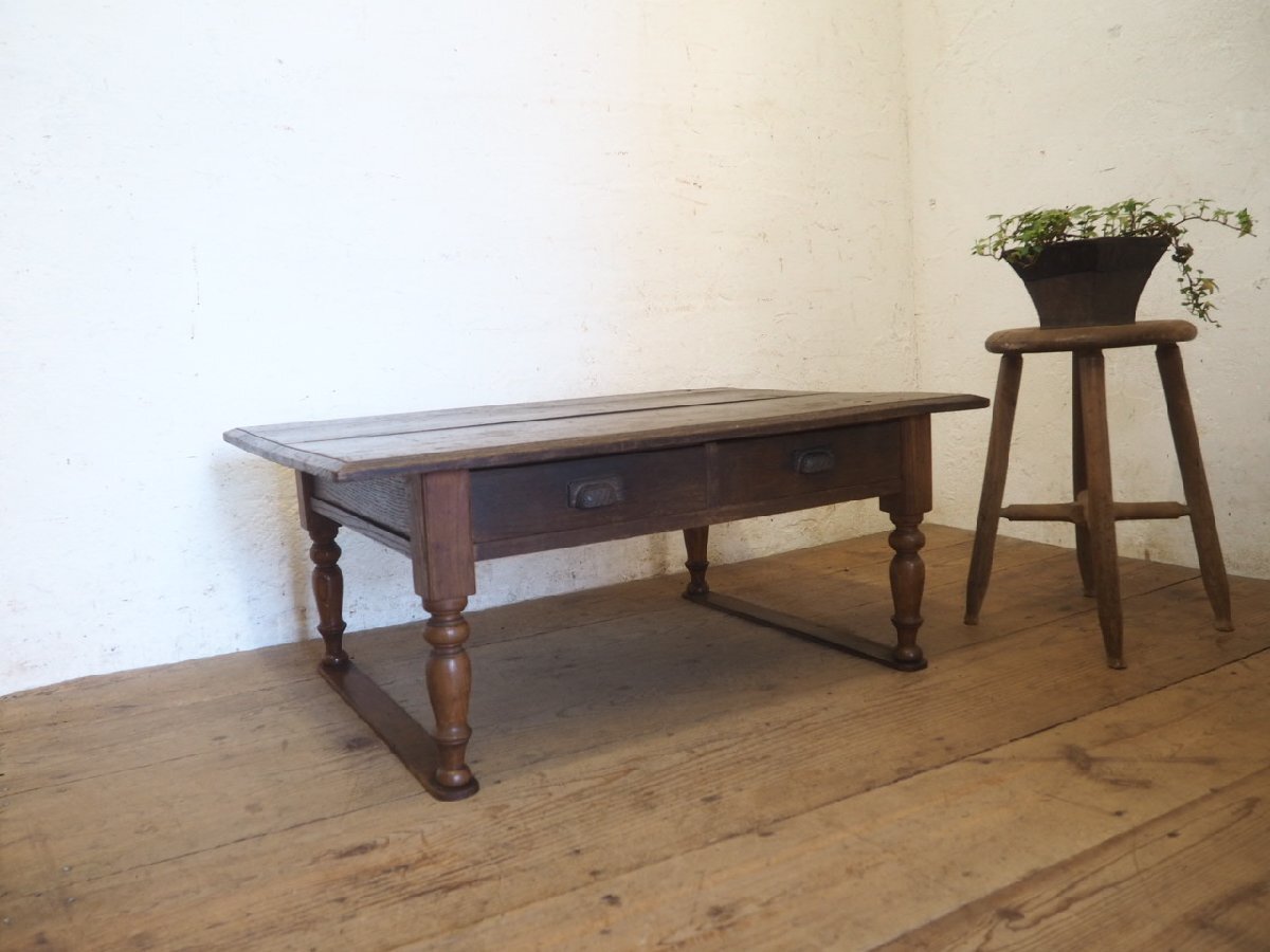 アンティーク　ろくろ脚　木製座卓 引き出し レトロ　アンティーク家具　木製家具 アンティークろくろ脚木製座卓 引き出し レトロアンティーク家具