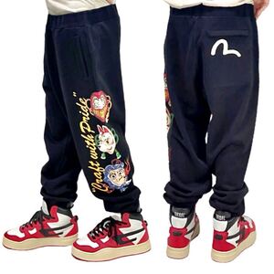 新品 EVISU HERITAGE エビス エヴィス ヘリテージ 達磨 だるま 狐 きつね ひょっとこ お面 カモメ ステッチ プリント スウェットパンツ XL