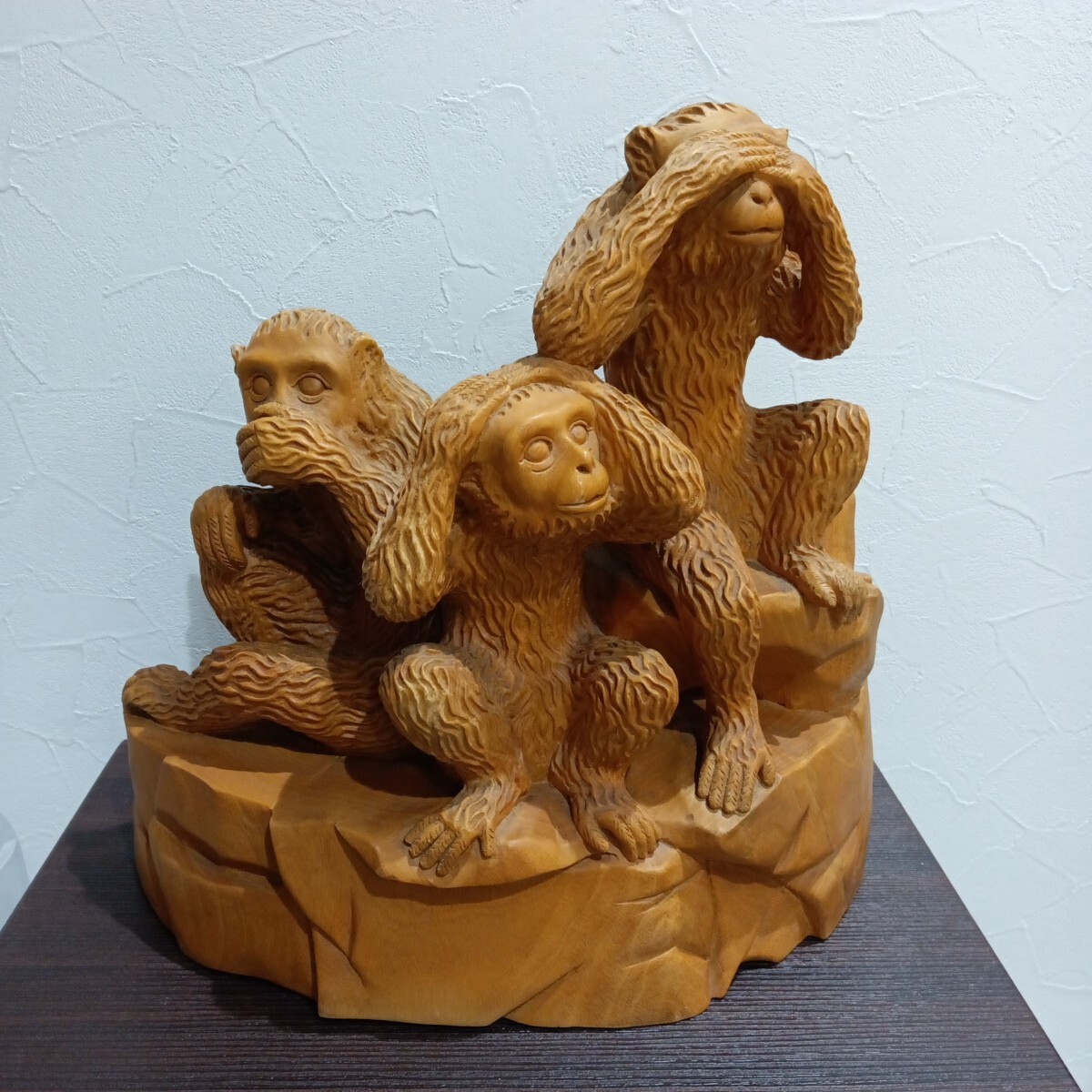 木製 三猿 彫刻 木彫り　サル　昭和レトロ　ビンテージ　骨董　アンティーク　置物 木製 三猿 彫刻 木彫り サル 昭和レトロ ビンテージ 骨董