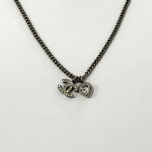 OYF468【CHANEL】シャネル ネックレス ココマーク ハート ラインストーン シルバー ペンダント アクセサリー ヴィンテージ