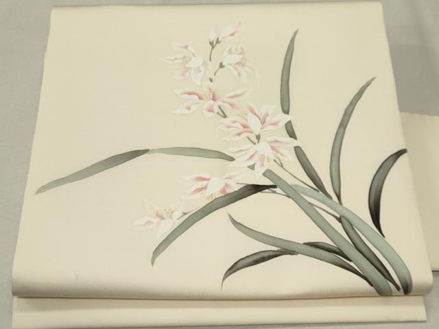 九寸名古屋帯 塩瀬 正絹 花文 作家落款 未使用 イ6117 6-5-02874b.jpg
