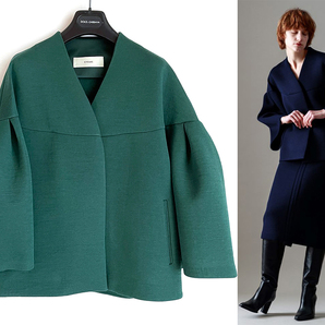 CYCLAS シクラス*22AW ショートジャケット ショートコート 34(7号)グリーン 艶 光沢 ウール 新品同様 美品