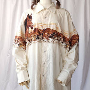 used XLサイズ PANHANDLE SLIM パンハンドルスリム ボーダー 馬柄 長袖シャツ スナップボタン アイボリー系 古着 アニマル 動物 デザイン