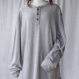 used XLサイズ相当 ヘンリーネック サーマル 長袖 シャツ グレー系 ワッフル ロンT ワンポイント刺繍 古着