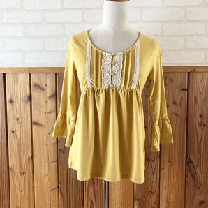 B-Bop Studio レディース ペプラム カットソー Mサイズ 黄土色 キャメル レース トップス 7分袖 チュニック フェミニン feminine tops S