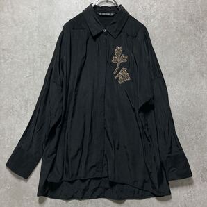 ZARA BASIC ザラ ベーシック ラインストーンワッペン とろみ 長袖シャツ 光沢 コットンレーヨン ブラック 黒 M ドルマン