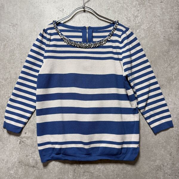 STRAWBERRY-FIELDS ストロベリーフィールズ ビジュー長袖ニット ブルー ボーダー ニットソー トップス 【Z-5】