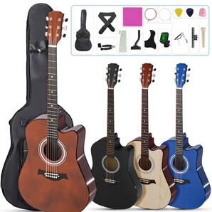 アコースティックギター 38インチ 初心者練習ギター 17点セット 初心者入門用 持ち運び便利 ギターストラップ ソフトギターバッグ ブルー