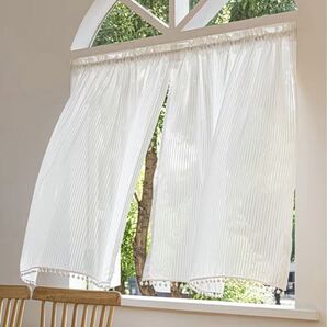 レースカーテン 幅100*丈80 ポンポン付き 1枚 ホワイト ストライプ 突っ張り棒タイプ 小窓 シンプル 遮像 間仕切り 白 ホワイト