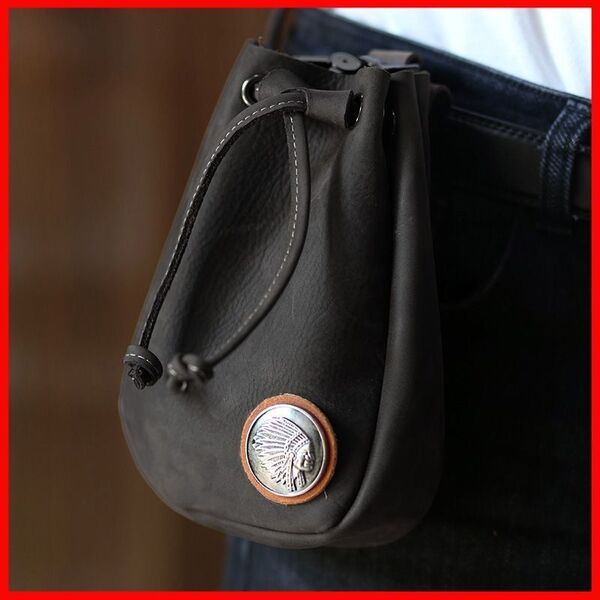 【ベルトポーチ 】レザーウエストバッグ 巾着小物入れキャンプバイク本革牛革 黒アメカジキーケース アウトドア 小銭入れ コインケース
