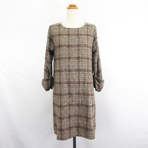 オリーブデオリーブ ワンピース 長袖 ラウンドネック ひざ丈 グレンチェック 起