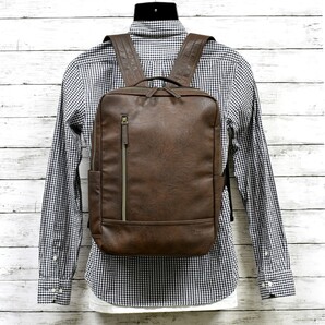 未使用 リュックサック スクエア型リュック メンズ ブラウン 通学 通勤 フェイクレザー バックパック シンプル A4サイズ対応