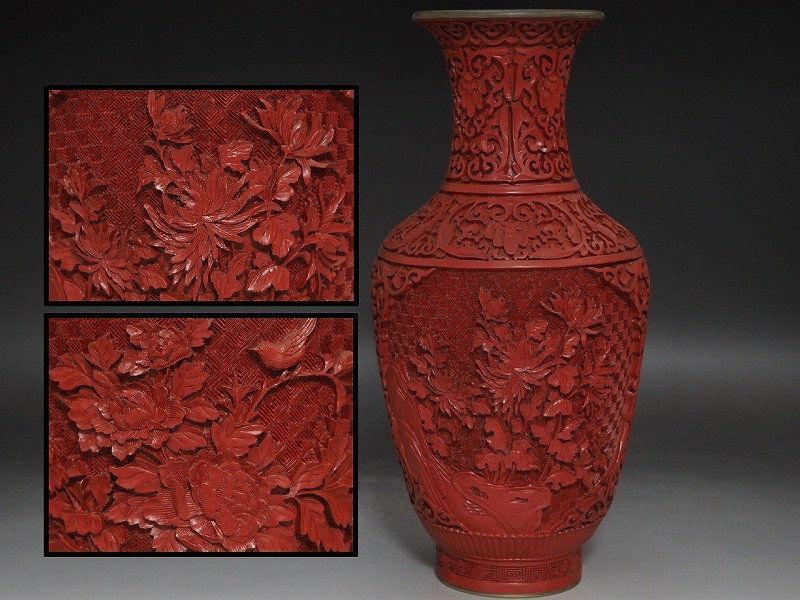 中国古美術　唐物　堆朱　窓絵楼閣山水人物風景紋壺　高さ48cm 中国古美術 唐物 堆朱 窓絵楼閣山水人物風景紋壺 高さ
