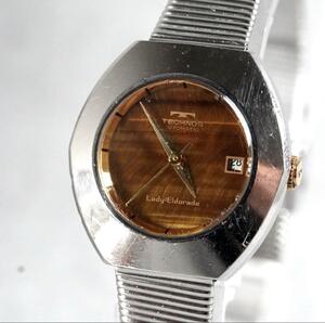1円 スタート TECHNOS テクノス レディエルドラド デイト タイガーアイ 腕時計 自動巻 automatic vintage wacth 稼働品 1スタ
