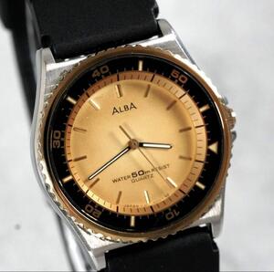 1円 スタート ALBA アルバ SEIKO セイコー ラウンド 50M 3針 メンズ 稼働品 腕時計 クォーツ ゴールド vintage antique wacth 1スタ