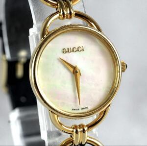 1円 スタート GUCCI グッチ シェル文字盤 稼働品 ラウンド 2針 レディース vintage antique wacth 腕時計 クォーツ ゴールド 1スタ