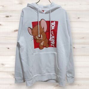 C1387 トムとジェリー Tom&Jerry パーカー 長袖 白 プリントロゴ文字 フード