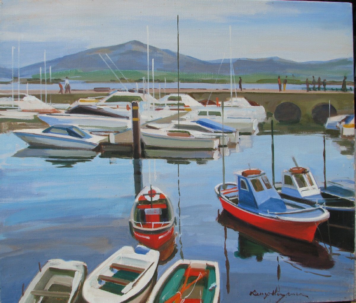 【真作】絵画　田中静男　油彩10号　港　港と帆船の風景画　詩情漂う海景　X193 真作】絵画 田中静男 油彩10号 港 港と帆船の風景画 詩情