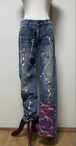 A★PRIDE プライドインターナショナルデザイン★ペイント加工 デニム パンツ レディース S〜M ジーンズ Gパン スリムストレート 派手