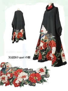 Одежда Марикомари★ / Антикварный черный застегнутый рукав / Свободный размер платья / Пион и павлин узор / Снуд / Ширина 62 см